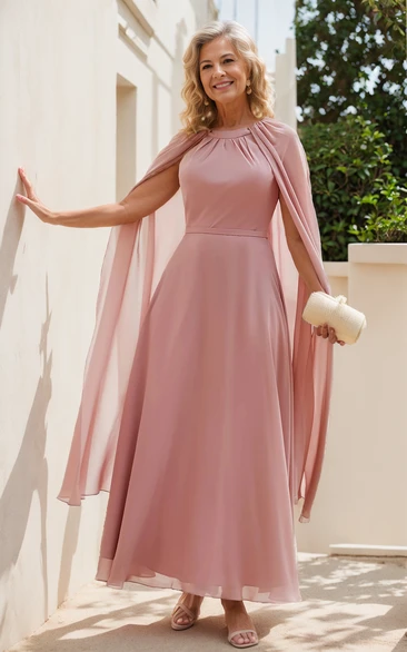 Ankle-length Sleeveless A-Line Jewel Neck Chiffon Elegant Zipper Back with Cape Guest Evening Cocktail Dress