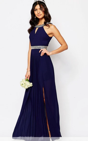 Ankle-Length Chiffon Bridesmaid Dress with High Neck and Beading in Sleeveless