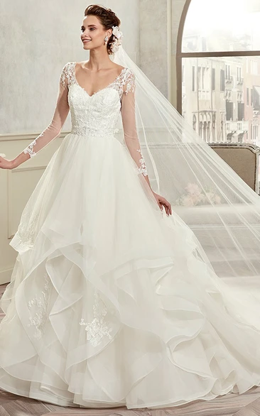 A-Line Sweetheart Ruched Wedding Dress with Long Sleeves and Open Back