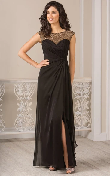 Ruffled Front Slit Prom Dress with Cap Sleeves