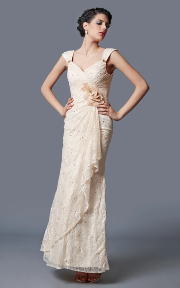Form-fitted Lace Cap Sleeve Bridesmaid Dress With Flowers