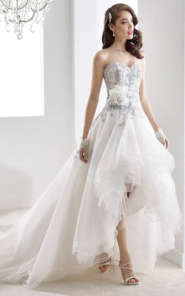 High-Low Beaded Dress with Ruffles and Floral Decoration Sweetheart