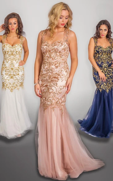 Sleeveless Beaded Tulle&Satin Prom Dress with Sequins Sheath Long Strapped Classy