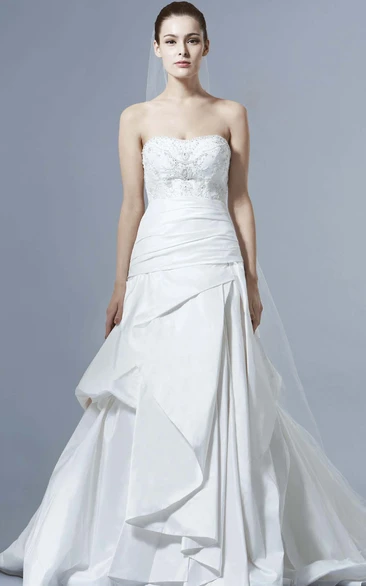 Strapless A-Line Satin Wedding Dress with Draped Design and Beading Classy Bridal Gown