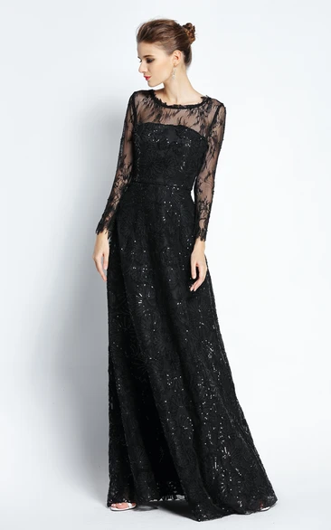 Bateau Scalloped Lace A-Line Prom Dress with Sequins Long Sleeve