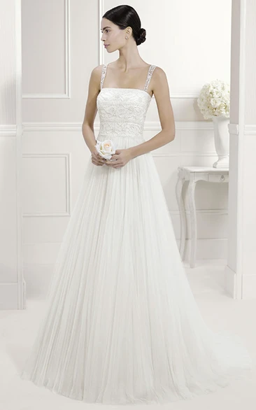 Illusion Lace Straps Square Neck A-Line Wedding Dress with Tulle Skirt