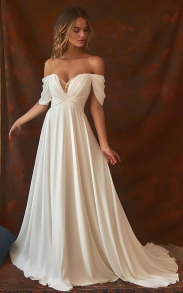 Elegant Princess Off-the-Shoulder Wedding Dress Sleeveless Ruching A-Line Chiffon Gown with Pleated