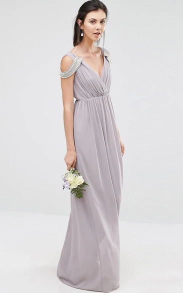 Beaded Sheath V-Neck Chiffon Bridesmaid Dress with Criss Cross Modern Prom Dress