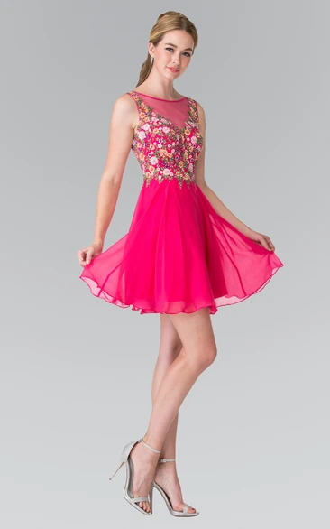 Chiffon A-Line Prom Dress with Appliques and Deep-V Back