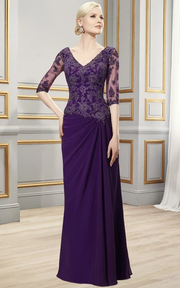 V-Neck Appliqued Chiffon Formal Dress with Draping