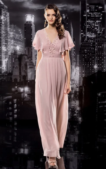 Chiffon V-Neck Illusion Formal Dress with Appliques and Pleats