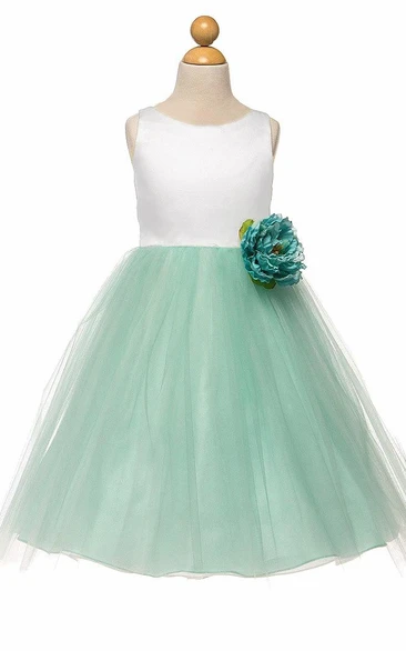 Tulle Satin Flower Girl Tea-Length Dress with Tiered Skirt