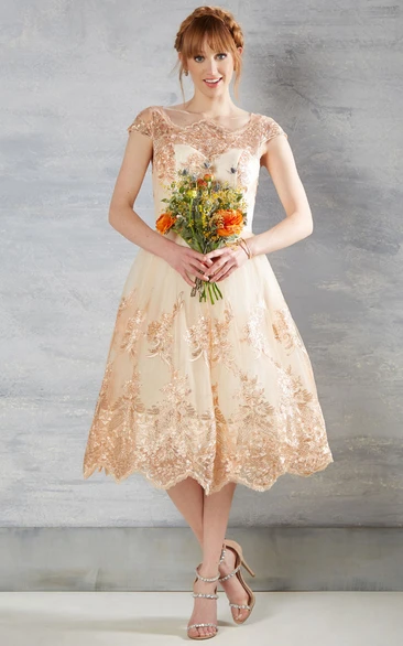 Cap Sleeve Lace Wedding Dress Tea-Length A-Line Bateau Neck Appliqued