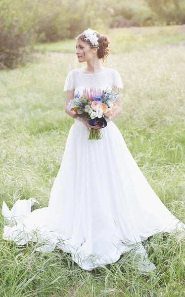 Long Chiffon Wedding Dress with Sash and Low-V Back Jewel Short Sleeve Elegant