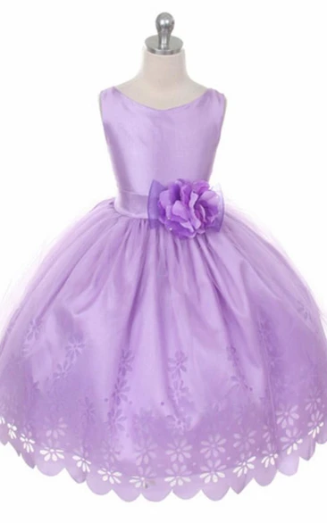 Floral Satin Tea-Length Flower Girl Dress with Unique Design