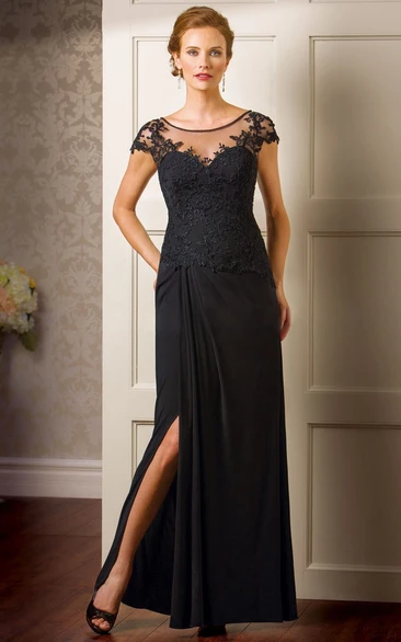 Mother of the Bride Dress with Cap Sleeves Side Slit and Appliques Elegant Formal Dress