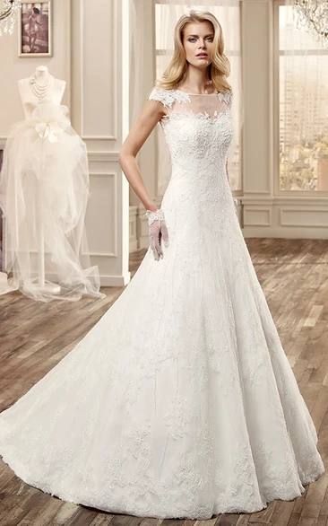 Illusion Neckline Wedding Dress with Cap Sleeves and Court Train Modern Bridal Gown