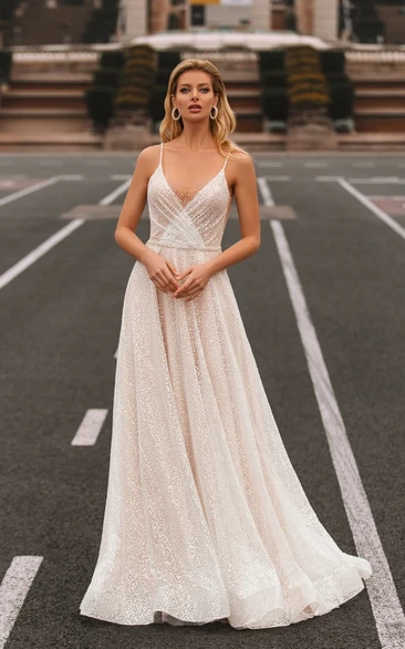 A-Line Modern Sequin Elegant Spagetti V-Neck And V-Back Tulle Long Dress