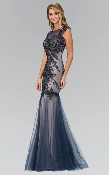 Bateau Cap-Sleeve Tulle Illusion Formal Dress with Embroidery Sheath Floor-Length