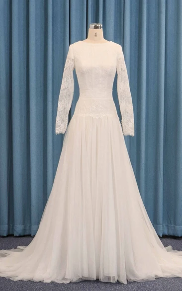 Long Sleeve Dropped Waist Wedding Dress with Tulle Lace Overlay A-Line Pleated