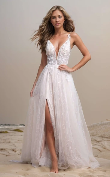 Princess Beach A-Line Boho Wedding Dress Sparkly Sexy Sequins Straps Plunging Neckline Appliqued Tulle Bridal Gown with Train