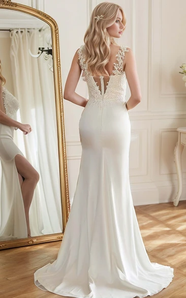Modern Sexy Floral Boho Lace V-Neck Sweep Train Sheath Wedding Dress with Appliques and Split Front
