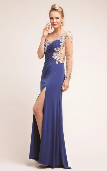 Split Front One-Shoulder Jersey Formal Dress with Beading Sheath Sleeveless