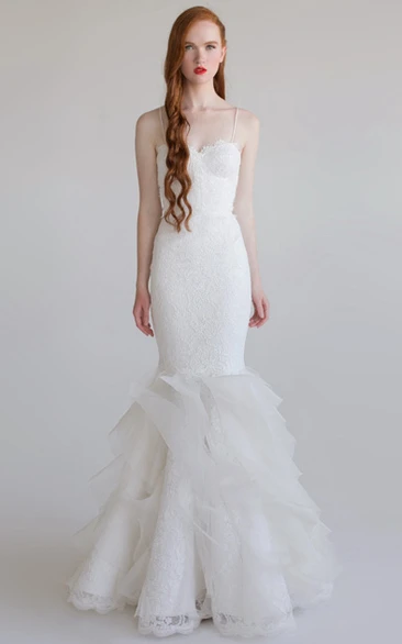 Sleeveless Mermaid Lace&Tulle Wedding Dress With Ruffles Floor-Length Pick-Up