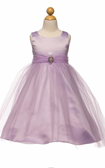 Beaded Tulle & Satin Tea-Length Flower Girl Dress with Broach Unique Wedding Dress