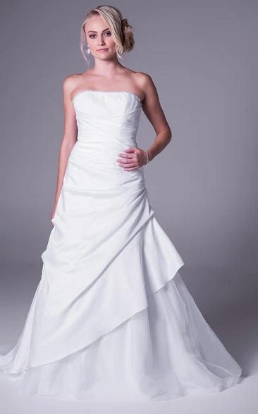 Sleeveless Satin&Tulle A-Line Wedding Dress with Draping and Strapless Neckline