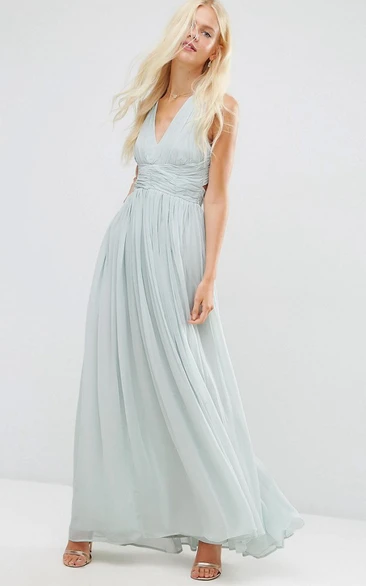 Ruched V-Neck Chiffon Bridesmaid Dress Ankle-Length A-Line