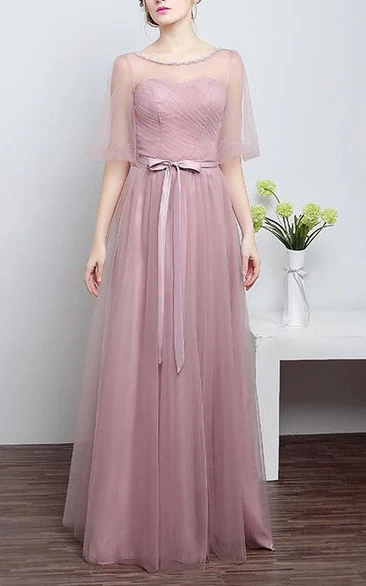 Simple A-line Illusion Dress with Flower Sash and Tulle