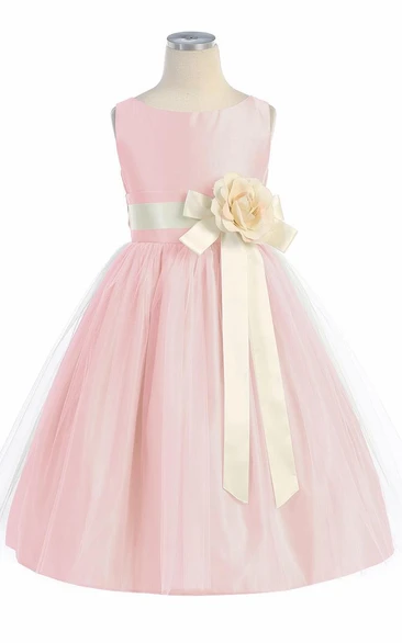 Tiered Tea-Length Tulle&Satin Flower Girl Dress Modern Wedding Dress