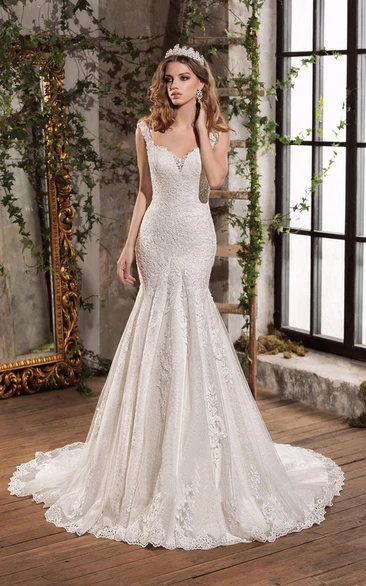 Lace and Tulle Notched Floor Length Bridal Gown with Chapel Train