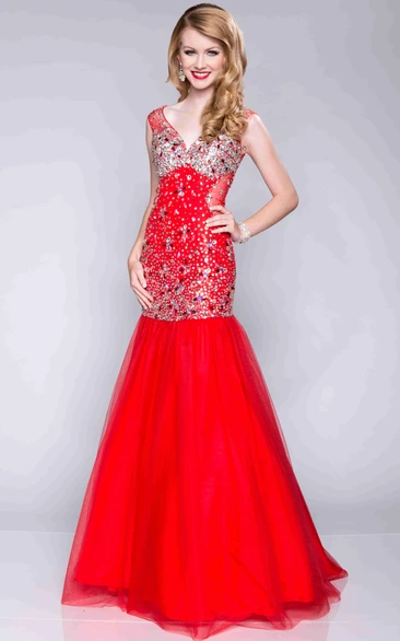 Tulle Fit and Flare Prom Dress with Sequined Bodice V-Neck Women