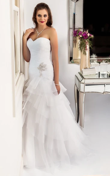 Ruched Sweetheart Tulle Floor-Length Wedding Dress with Beading and Tiers Classic Bridal Gown