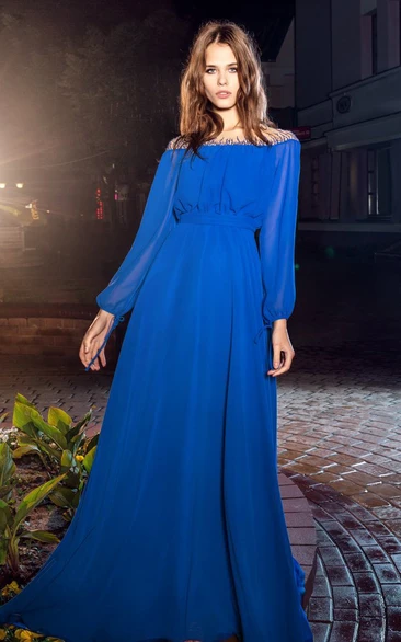 Off-The-Shoulder Balloon Sleeve Chiffon Formal Dress with Illusion Details