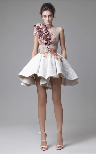 Sleeveless Two-Tone Short Skirt Prom Dress with Jewel-Neck and Delicate Flowers