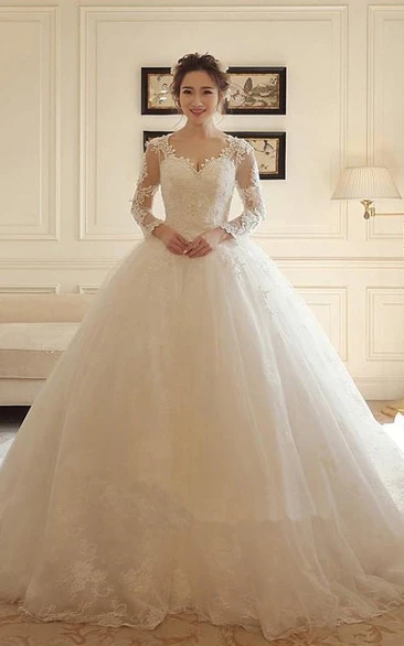 Lace Scalloped Ball Gown Illusion Back Wedding Dress