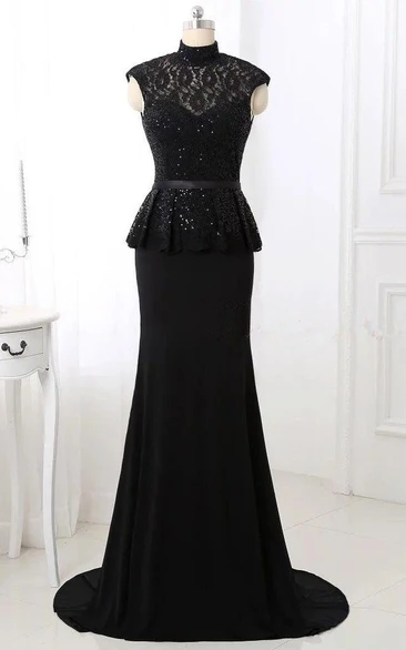 Lace Trumpet Dress with High Neck Cap Sleeves Sequins and Peplum