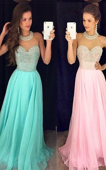 Elegant High-Neck Beaded Chiffon Prom Dress Sleeveless Women's Formal Gown