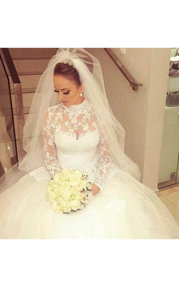 Elegant Lace Tulle Ball Gown Wedding Dress with High Neckline