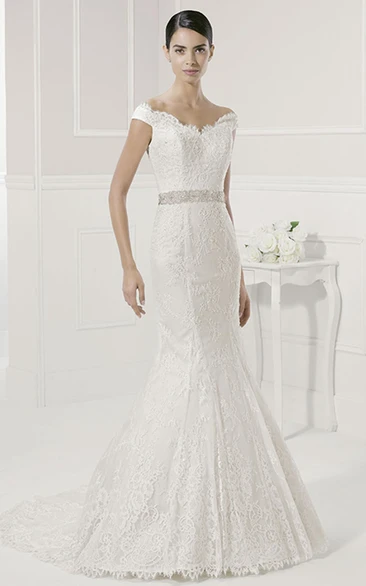 Off Shoulder Mermaid Lace Wedding Dress with Scalloped Neckline and Sash