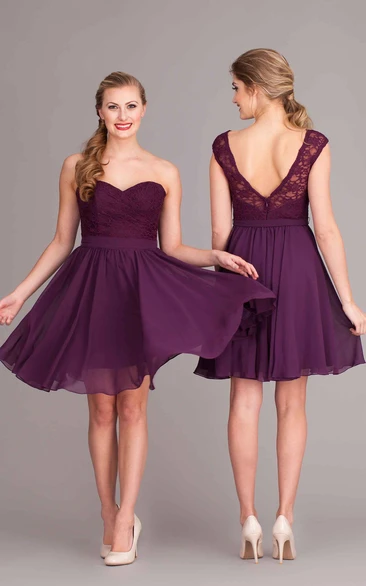 Sweetheart Lace Chiffon Bridesmaid Dress A-Line Mini Sleeveless Unique Dress