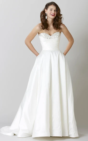 Satin Wedding Dress with Beading and V Back Sweetheart Floor-Length Glamorous