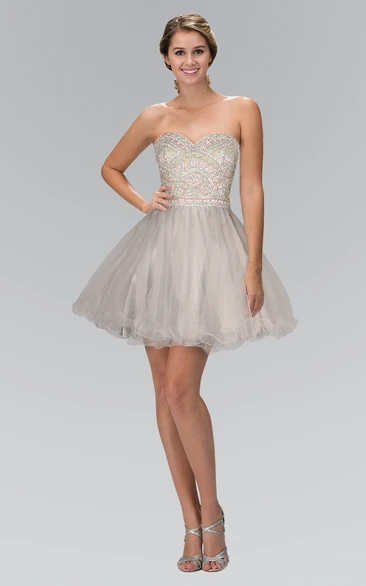 Short Sweetheart Sleeveless Tulle Dress With Beading and Ruffles A-Line Prom Dress