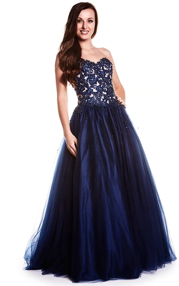 A-Line Appliqued Sweetheart Sleeveless Prom Dress Modern Tulle Dress with Lace-Up Back