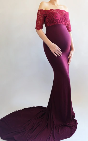 Half Sleeve Empire Maternity Bridesmaid Dress with Court Train