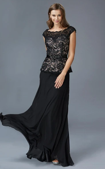 Lace Applique Cap-Sleeve Sheath Formal Dress with Chiffon