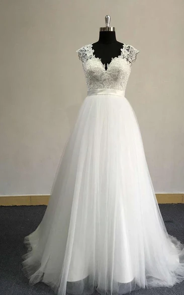 Tulle Wedding Dress with Lace Top Sleeveless V-Neck Style